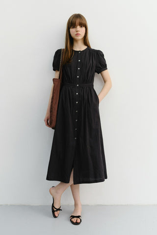 MAXI SHIRRING HALF SLEEVE DRESS BLACK