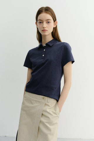 CROPPED SLIM COLLARED T-SHIRT NAVY