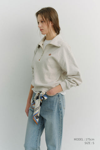 UNISEX LEATHER LOGO HALF ZIP-UP SWEATSHIRT OATMEAL MELANGE