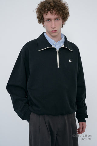 UNISEX LEATHER LOGO HALF ZIP-UP SWEATSHIRT BLACK