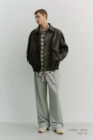 UNISEX LEATHER LOGO WIDE SWEAT PANTS MELANGE GREY