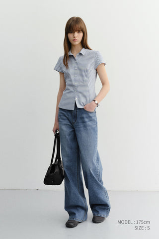 VINTAGE CAP SLEEVE SLIM SHIRT SOFT BLUE CHECK