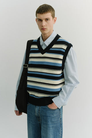 UNISEX CRAFTED STRIPED KNIT VEST NAVY CREAM