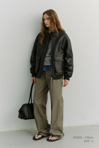 UNISEX STAND COLLARED LEATHER BLOUSON BRUSHED BLACK