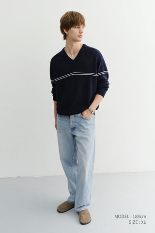 UNISEX V-NECK STRIPED SWEATER NAVY