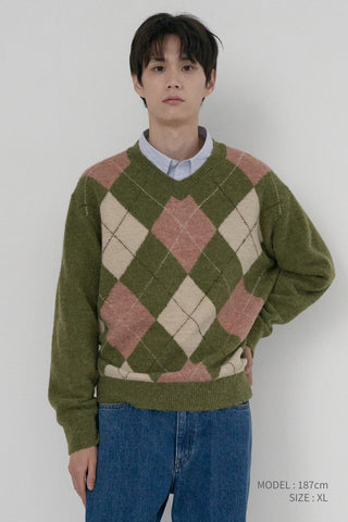 UNISEX HAIRY ALPACA ARGYLE SWEATER OLIVE KHAKI