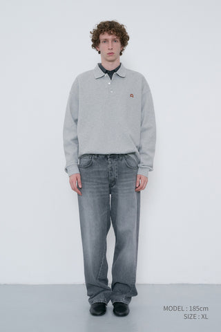 UNISEX LEATHER LOGO COLLARED T-SHIRT MELANGE GREY
