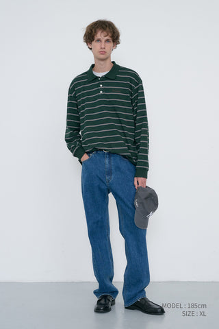 UNISEX MULTI STRIPE COLLARED T-SHIRT FOREST GREEN STRIPE