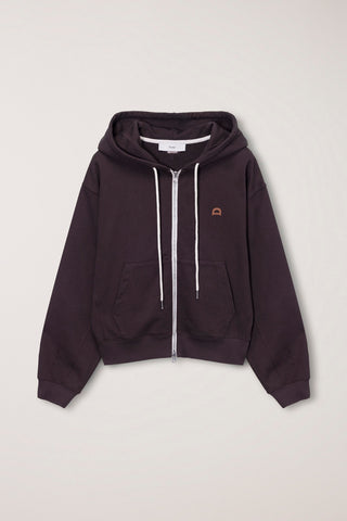 UNISEX LEATHER LOGO ZIP-UP HOODIE BROWN