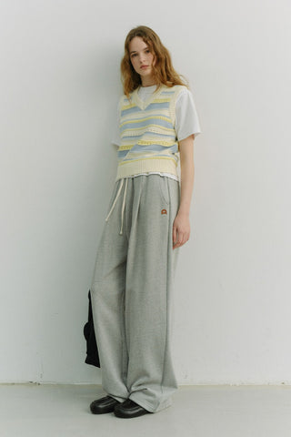 UNISEX LEATHER LOGO WIDE SWEAT PANTS MELANGE GREY