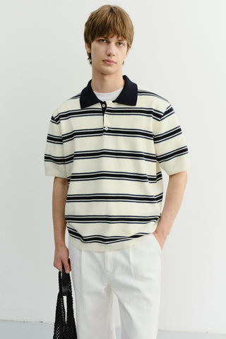 UNISEX MULTI STRIPED POLO KNIT CREAM NAVY