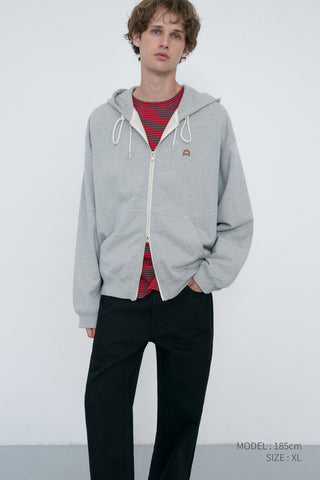 UNISEX LEATHER LOGO ZIP-UP HOODIE MELANGE GREY