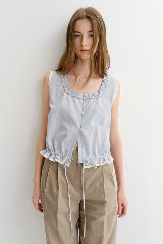 FRILL SLEEVELESS BLOUSE SOFT BLUE CHECK