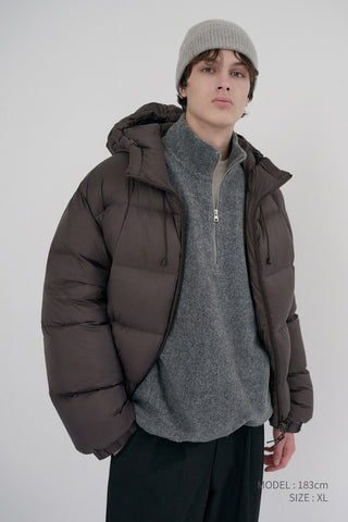UNISEX HOODED VOLUME GOOSE DOWN JACKET DARK BROWN