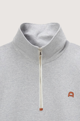 UNISEX LEATHER LOGO HALF ZIP-UP SWEATSHIRT MELANGE GREY