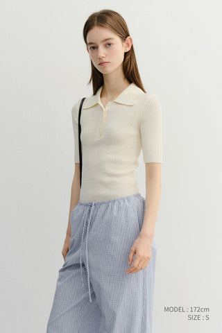 BUTTONED SLIM POLO KNIT CREAM