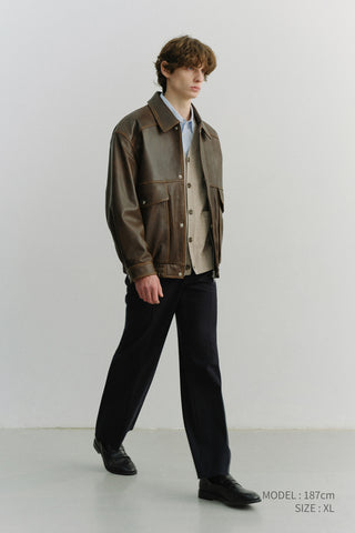 UNISEX OVERSIZED VINTAGE LEATHER BLOUSON BRUSHED BROWN