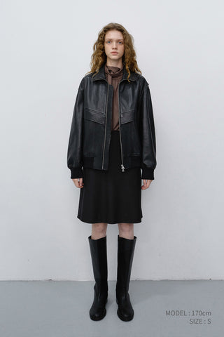 UNISEX STAND COLLARED LEATHER BLOUSON BLACK
