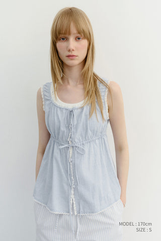SHIRRING SLEEVELESS BLOUSE SOFT BLUE STRIPE