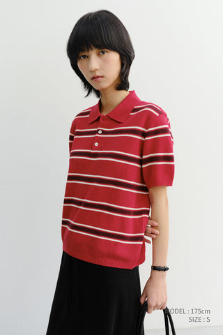 UNISEX MULTI STRIPED POLO KNIT RED BURGUNDY
