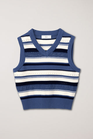 UNISEX CRAFTED STRIPED KNIT VEST BLUE CREAM