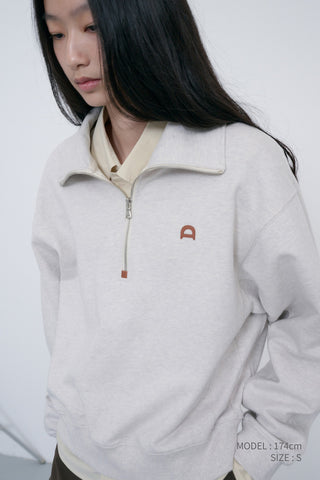 UNISEX LEATHER LOGO HALF ZIP-UP SWEATSHIRT OATMEAL MELANGE
