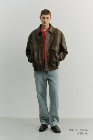 UNISEX OVERSIZED VINTAGE LEATHER BLOUSON BRUSHED BROWN