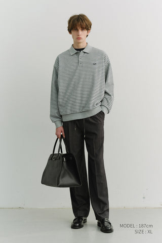 UNISEX STRIPED LOGO COLLARED T-SHIRT GREY