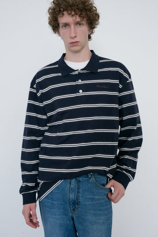 UNISEX MULTI STRIPE COLLARED T-SHIRT NAVY STRIPE