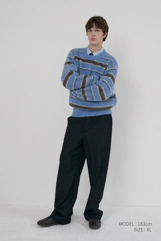 UNISEX STRIPED HAIRY SWEATER SOFT BLUE DEEP BROWN