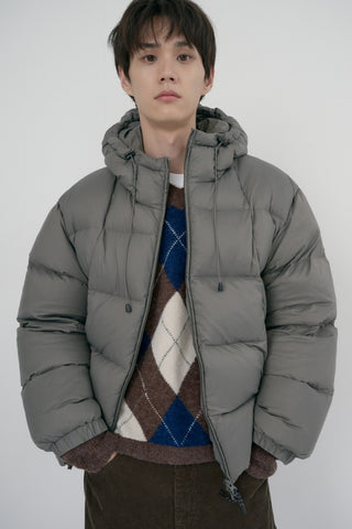 UNISEX HOODED VOLUME GOOSE DOWN JACKET GREYISH KHAKI