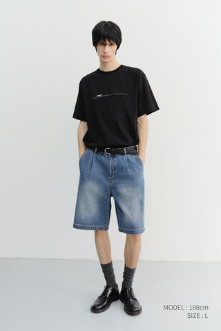 PLEATED BERMUDA DENIM SHORTS CLASSIC BLUE