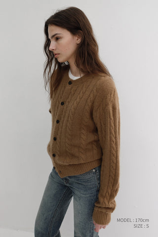 UNISEX HAIRY CABLE CREW NECK CARDIGAN CAMEL