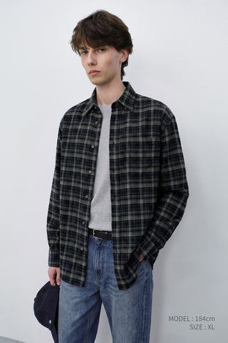 UNISEX CHECKED FLANNEL BD SHIRT NAVY GREY