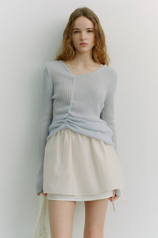 2-WAY SHIRRING KNIT TOP SOFT BLUE