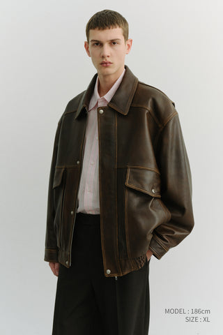 UNISEX OVERSIZED VINTAGE LEATHER BLOUSON BRUSHED BROWN