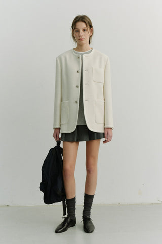 UNISEX COLLARLESS TWEED JACKET CREAM