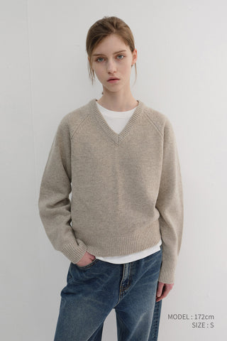 UNISEX SOFT VOLUME V-NECK SWEATER LIGHT PEBBLE