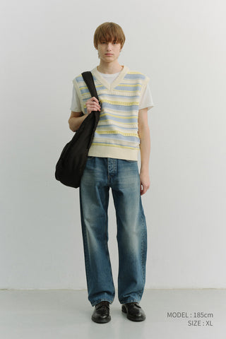 UNISEX CRAFTED STRIPED KNIT VEST CREAM SOFT BLUE