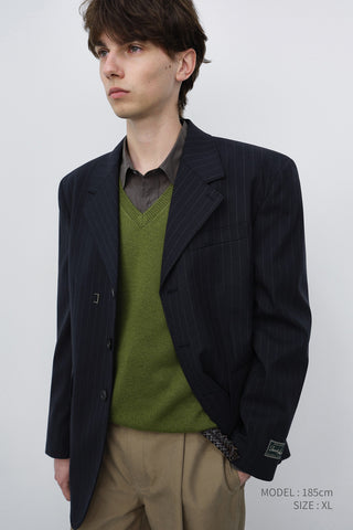 UNISEX REFINED MASCULINE WOOL BLAZER NAVY STRIPE