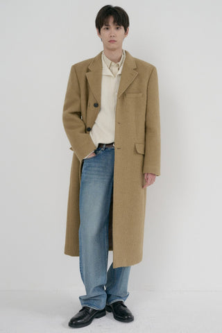 UNISEX 2-WAY 3 BUTTON BOUCLE WOOL COAT CAMEL
