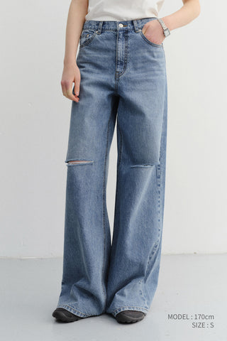 DAMAGED WIDE JEANS CLASSIC BLUE