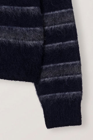 UNISEX STRIPED HAIRY SWEATER NAVY GREY