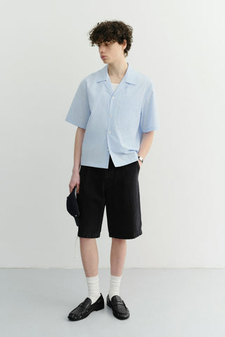 PLEATED BERMUDA DENIM SHORTS BLACK