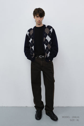 UNISEX V-NECK ARGYLE CARDIGAN NAVY