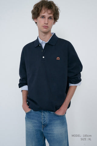 UNISEX LEATHER LOGO COLLARED T-SHIRT FRENCH NAVY