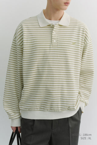 UNISEX STRIPED LOGO COLLARED T-SHIRT OLIVE STRIPE
