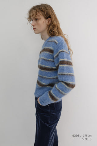 UNISEX STRIPED HAIRY SWEATER SOFT BLUE DEEP BROWN