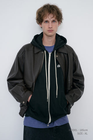 UNISEX LEATHER LOGO ZIP-UP HOODIE BLACK
