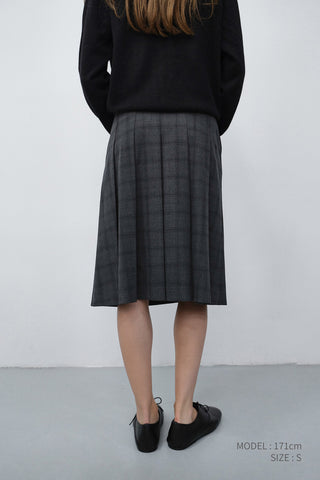PLEATS MIDI WRAP CHECKED SKIRT CHARCOAL GREY CHECK